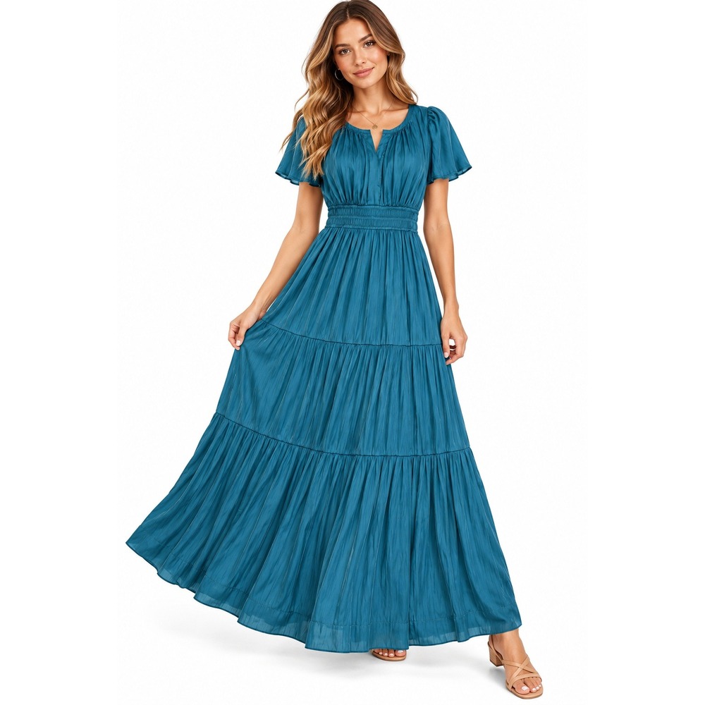 Anthropologie Teal Green Pleated Smocked Waist Tiered Maxi Dress XS